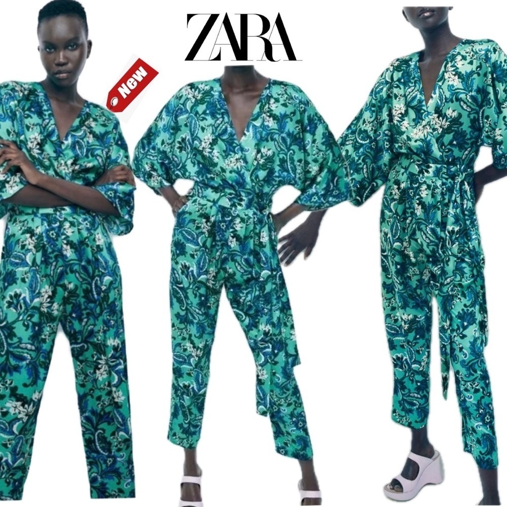 Zara green blue floral flower print kimono style jumpsuit Sz XS NWT